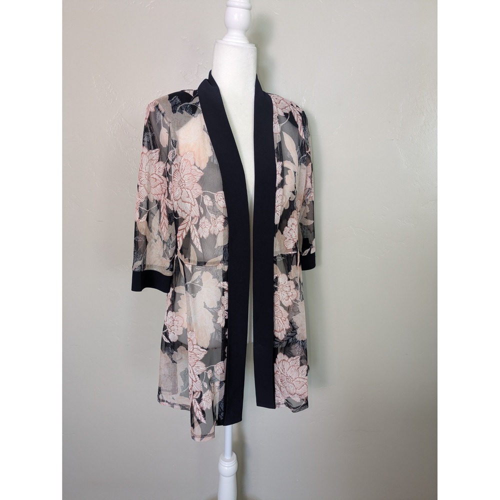 R&M Richards Floral Mesh Open Cardigan Duster Size‎ 12P Pink Black Sheer Kimono